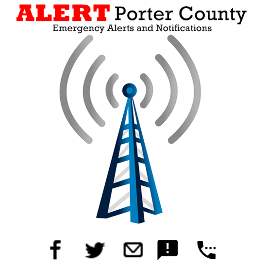 A blue radio tower emits signal waves with “ALERT Porter County Emergency Alerts and Notifications” above. Below, icons for Facebook, Twitter, email, website, and phone are shown—serving the Liberty Township Volunteer Fire Department community.