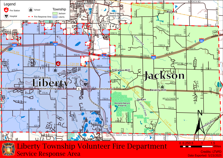Map highlighting the Liberty Township Volunteer Fire Department service area, covering sections of Liberty (blue, west) and Jackson (green, east), with fire stations and township boundaries clearly marked.