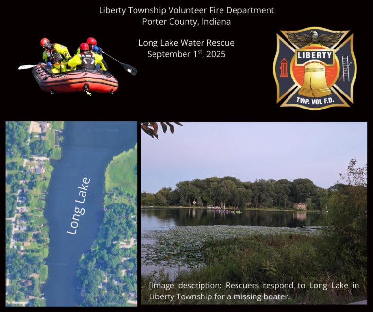 Collage showing a rescue boat with firefighters, the Liberty Township Volunteer Fire Department logo, a map of Long Lake, and a lake photo, referencing a water rescue on September 1, 2025, in Porter County, Indiana.