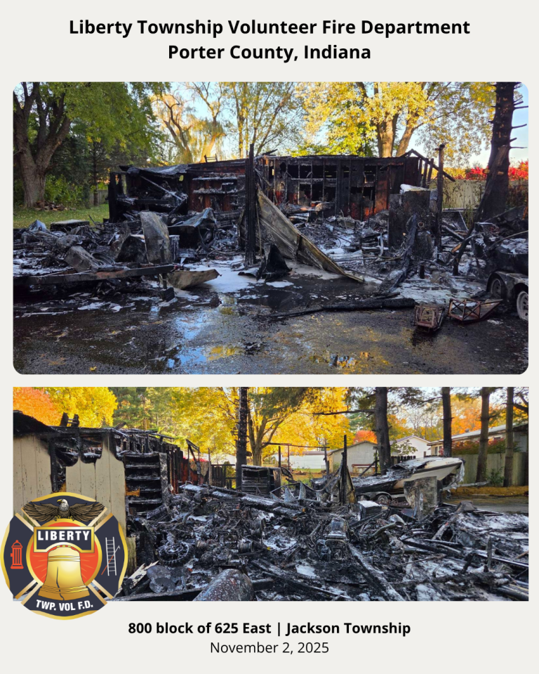 Two photos show the charred remains of a building, destroyed by fire. Burned debris and scorched trees surround the site. A fire department badge and event details appear below the images.