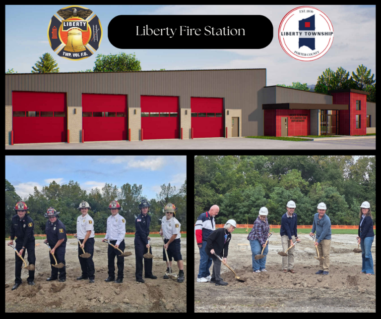 Collage showing fire station design, Liberty Fire Station badges, and two photos of people in safety gear participating in a groundbreaking ceremony at a construction site.
