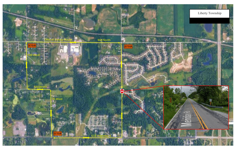 Aerial map of Liberty Township showing a road closure with yellow detour routes marked and an inset photo of a closed rural road with a barricade and “Meridian” painted on the pavement.