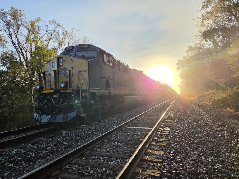 A freight train travels along railroad tracks at sunrise, with trees on both sides and sunlight illuminating the scene from behind the train.